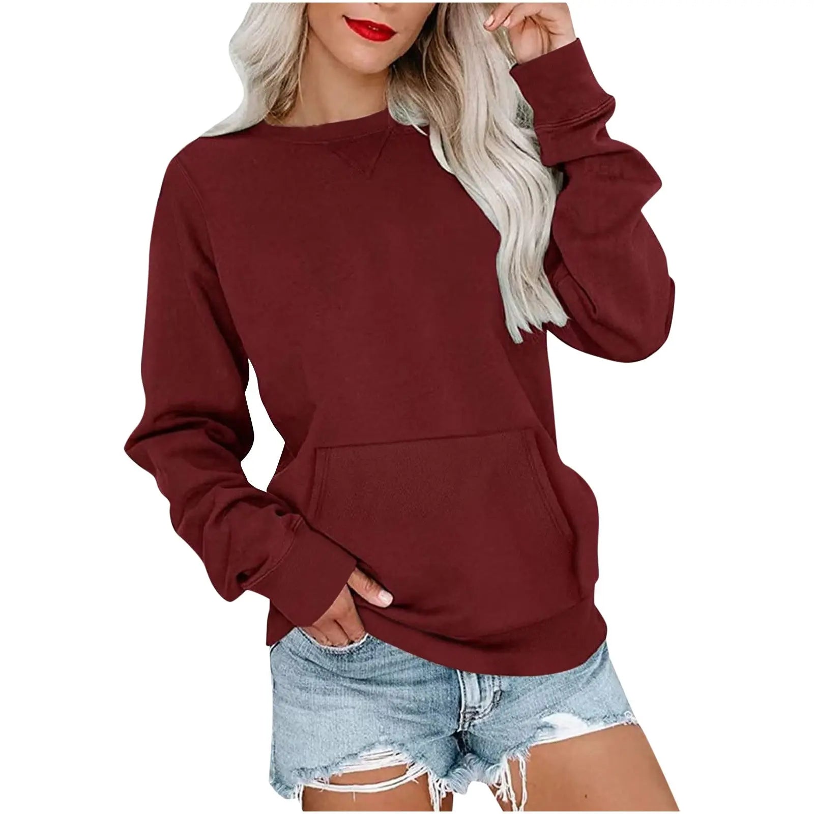 Solid Color Pullover Sweatshirt With Pocket Fashion Loose Round Neck Long Sleeves Top Womens Clothing hercurva