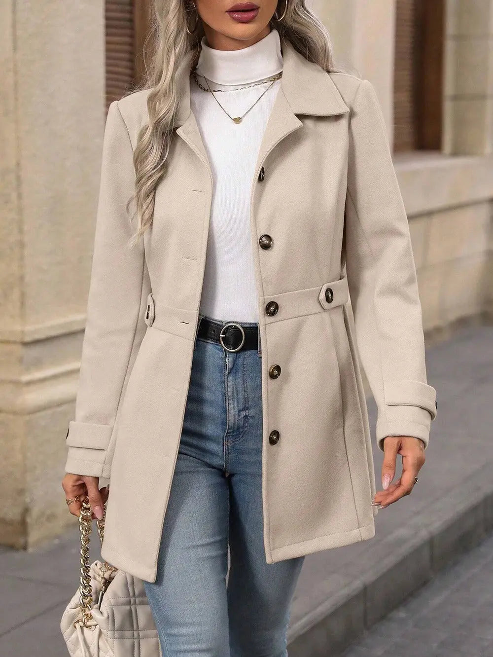 Elegant Single-breasted Woolen Coat Buttons Lapel Mid-length Jacket Temperament Commuter Outwear Clothing For Women hercurva