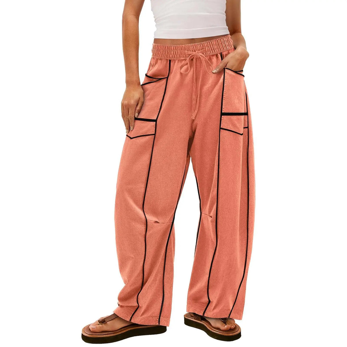 Y2K Black Striped Wide-leg Pants With Pockets Fashion Loose Drawstring Trousers Sports Sweatpants Women's Clothing hercurva