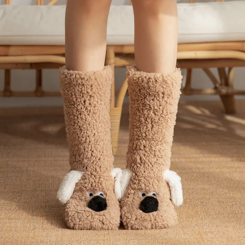 Cute Cartoon Dog Floor Socks Winter Warm Non-slip Plush Socks For Women hercurva