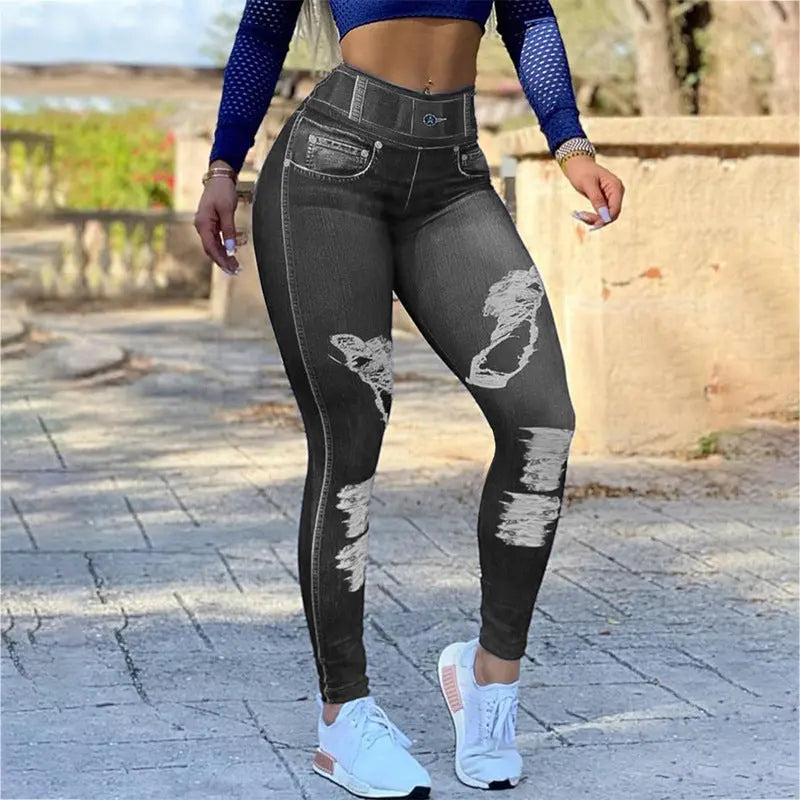 Ladies High Waist High Stretch Faux Denim Leggings hercurva