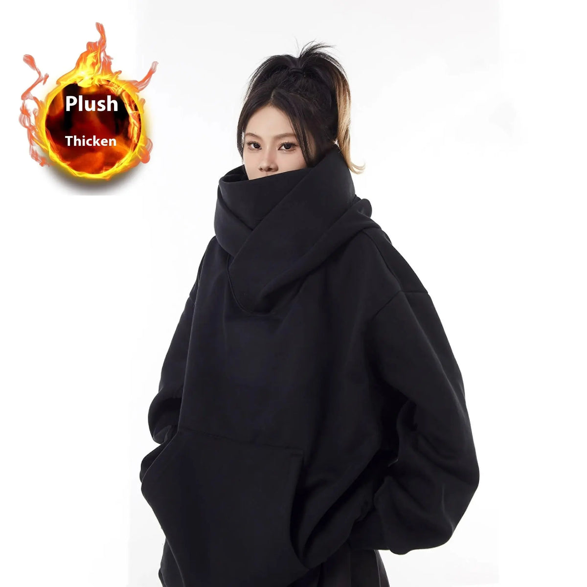 Loose High Collar Hooded Fleece Lined Sweater hercurva