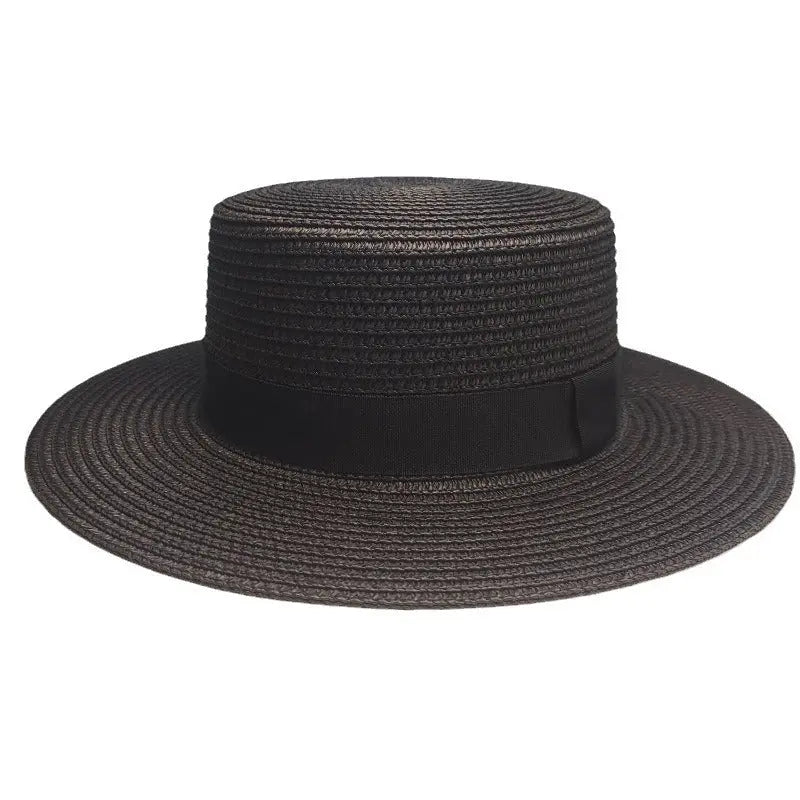 Black Decorative Band Flat Straw Hat High-grade hercurva