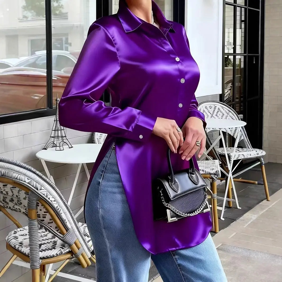 Womens Solid-Color Irregular-Hem Long-Sleeve Satin Shirt hercurva