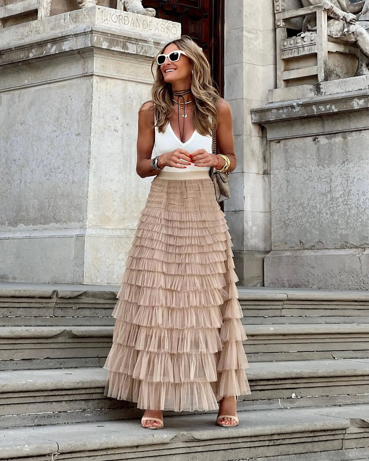 Layered Ruffles Cake Skirt Summer Fashion A Line Swing Mesh Long Skirt Party Dress Women hercurva