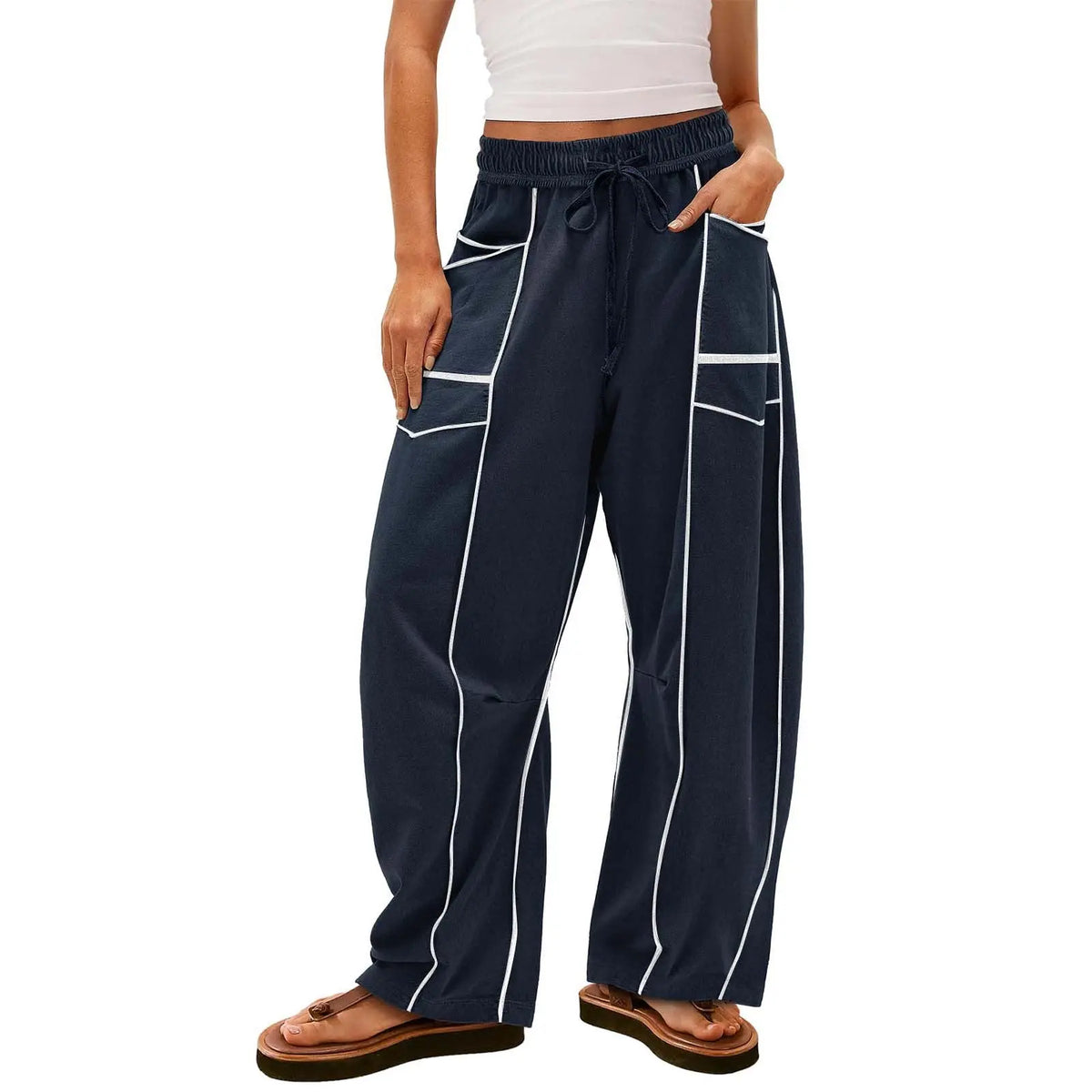 Y2K Black Striped Wide-leg Pants With Pockets Fashion Loose Drawstring Trousers Sports Sweatpants Women's Clothing hercurva
