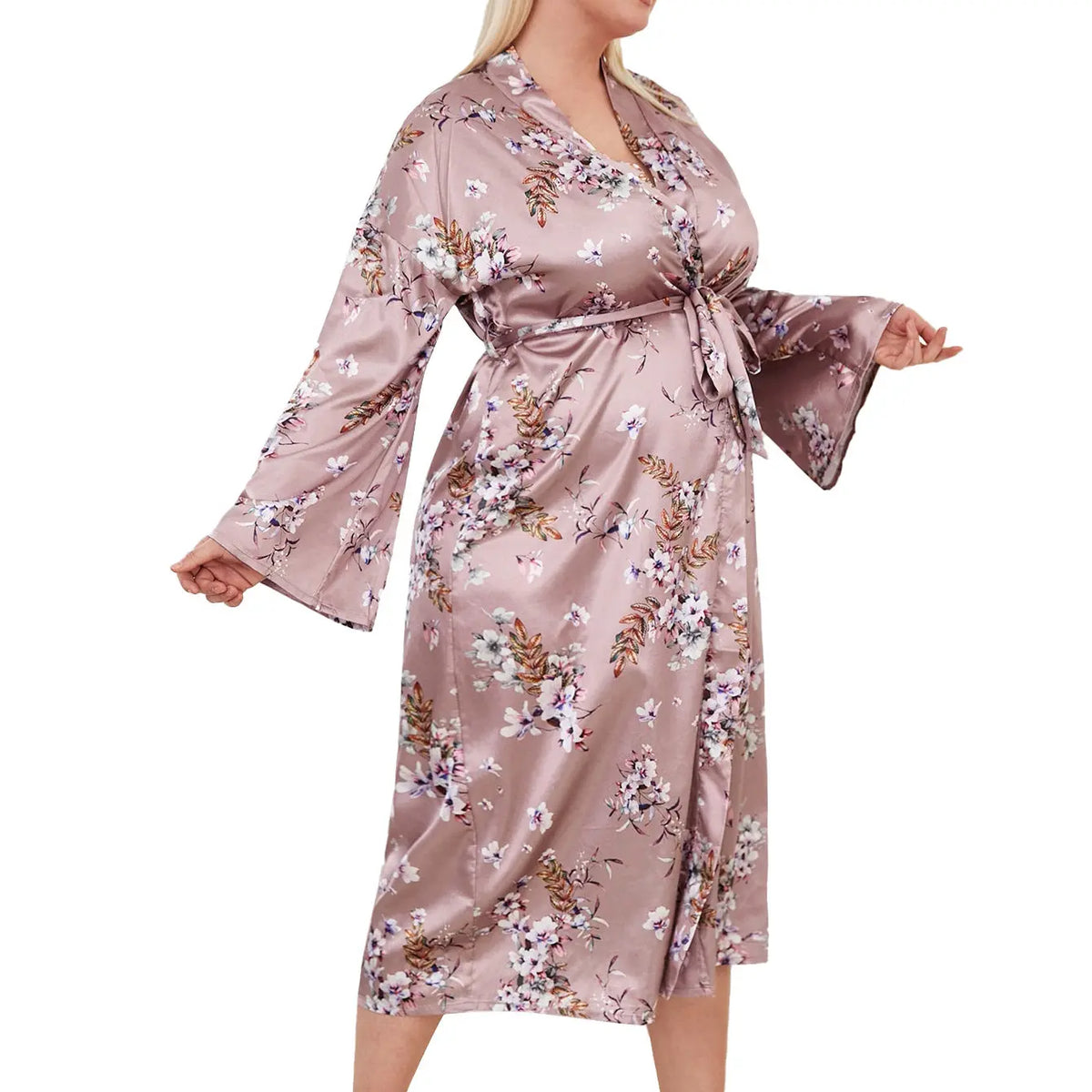 Long Robes For Women Flower Print Bathrobe V-neck Silk Sleepwear hercurva