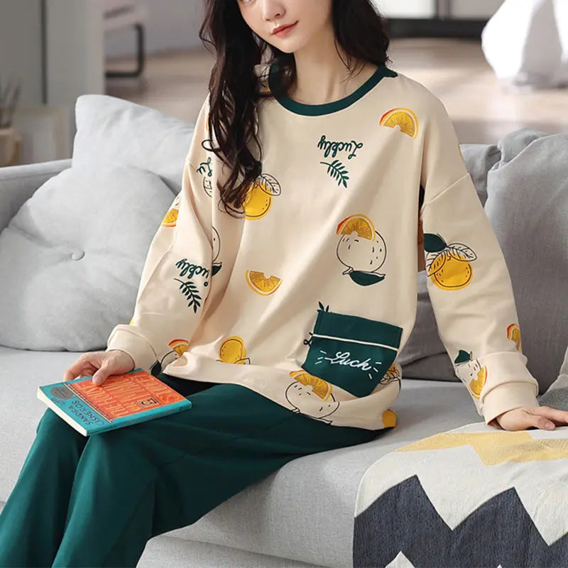 Loose Print Pajamas Women Autumn Winter Pyjama Set Long Sleeves And Trousers Elegant Sleepwear Girl Loungewear Home Clothes hercurva