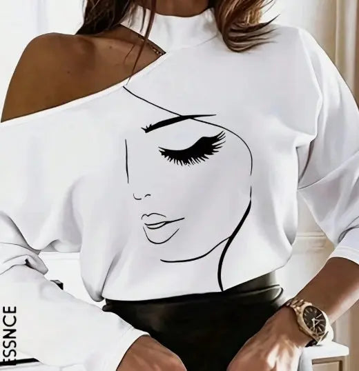 Women's White Long Sleeve T-Shirt With Cartoon Line Pattern & Open Shoulder Design Graphic Tees Women Tops For Spring Outfit hercurva