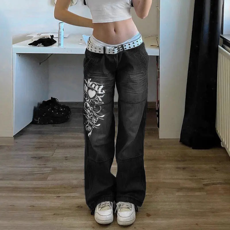 Loose Trousers Low-rise Pleated Heart-print Washed Jeans hercurva