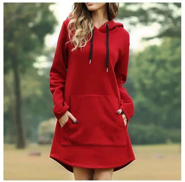 Solid color pocket long sleeve hoodie dress hercurva