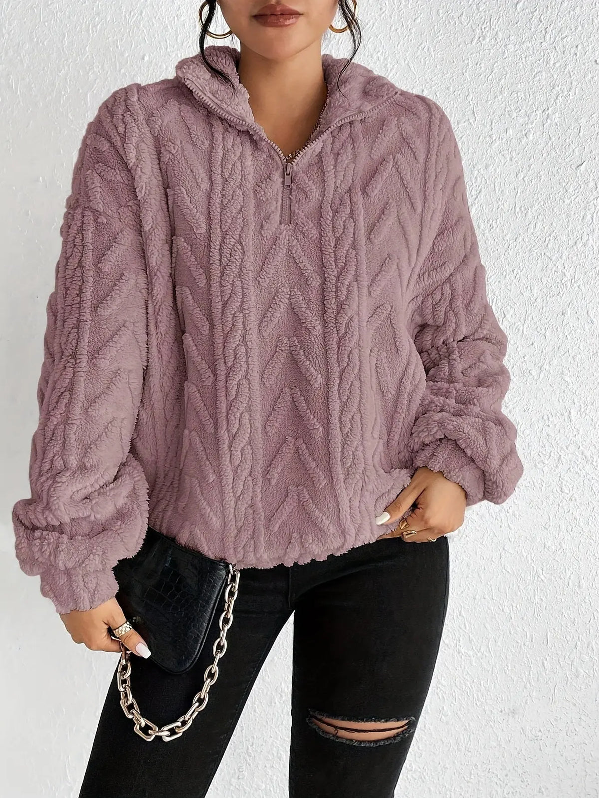 Double-sided Plush Latte Art Casual Zipper Pullover Top hercurva