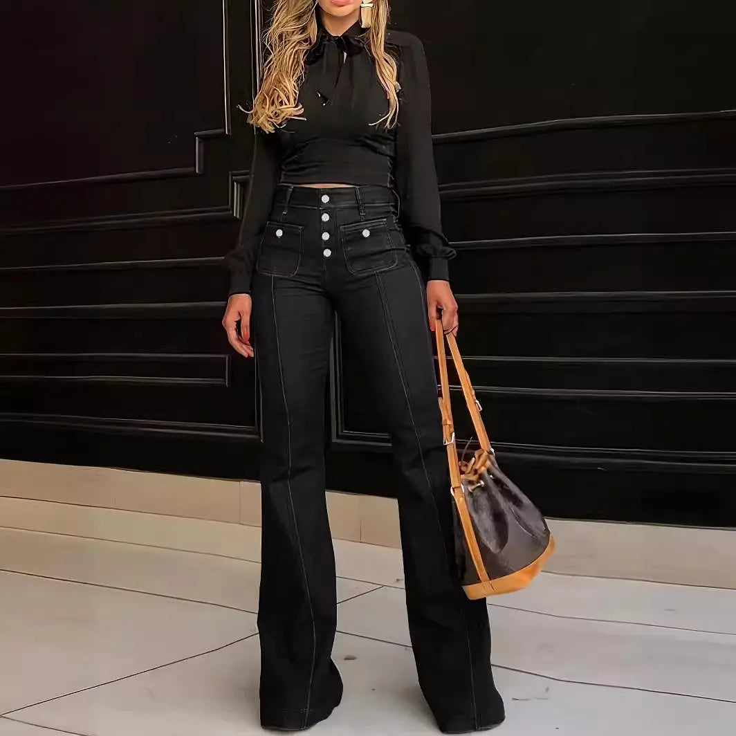 Women's Patchwork Jeans Slim Fit Slimming Stretch Flared Pants hercurva