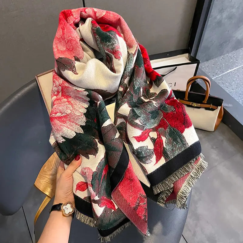 Retro Floral Artificial Cashmere Scarf Women's Thick Warm Scarf hercurva
