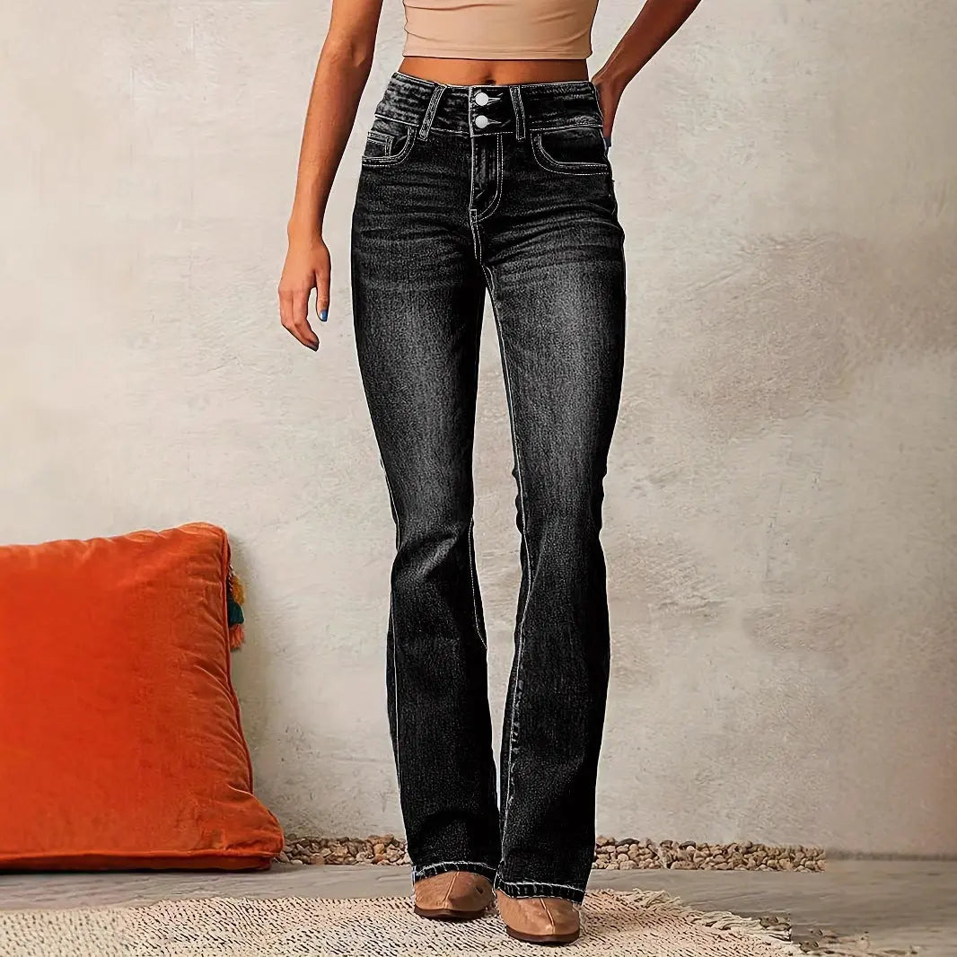 Skinny Flared Jeans With Pockets Fashion Button Zipper Trousers Women's Slim Denim Pants hercurva
