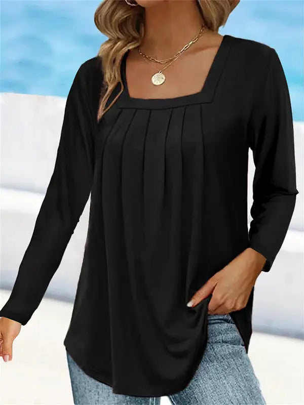 Women's Pleated Square Collar Long Sleeve Imitation Cotton Large Size T-shirt hercurva