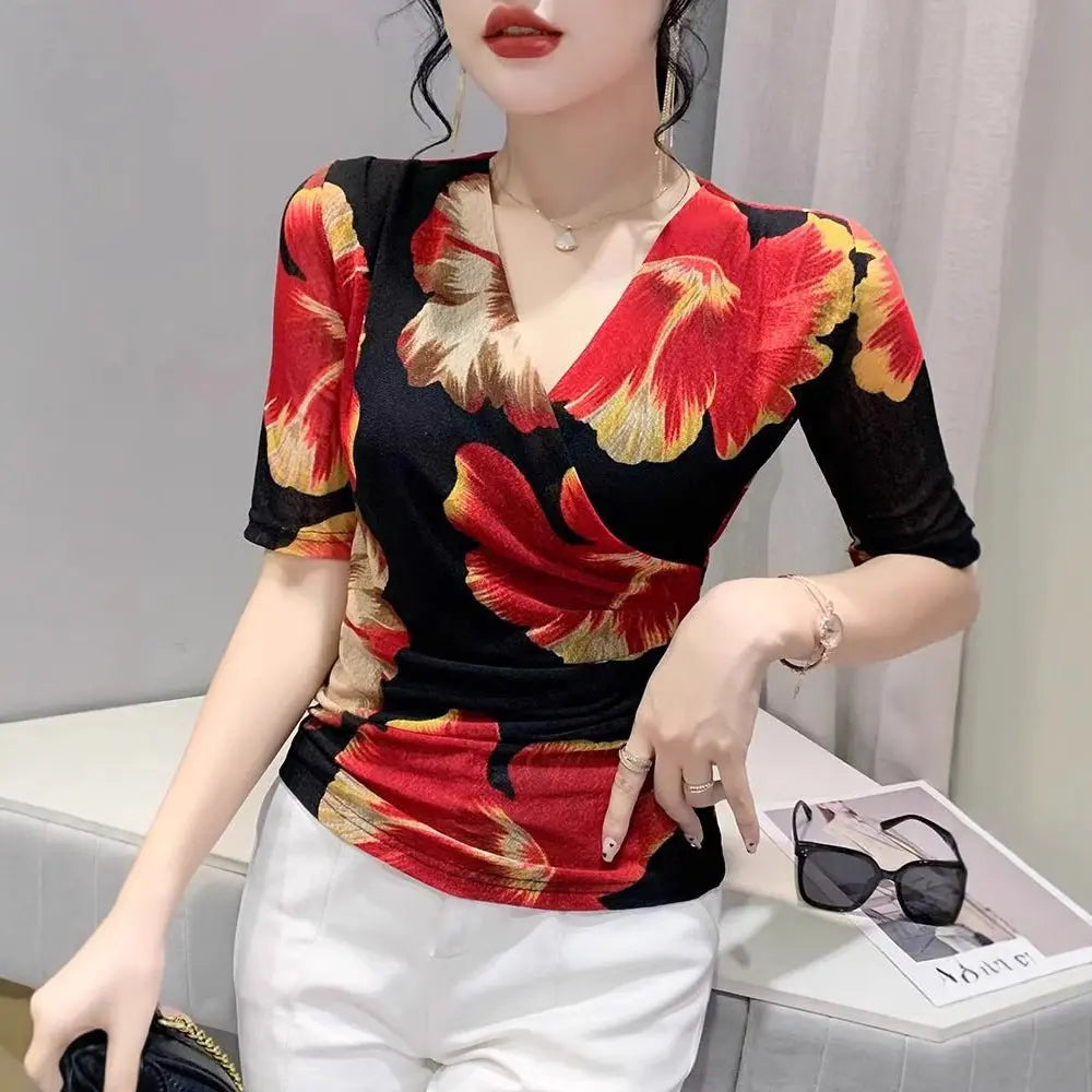 Fashion Printed V-neck T-shirt Women's Half Sleeve hercurva