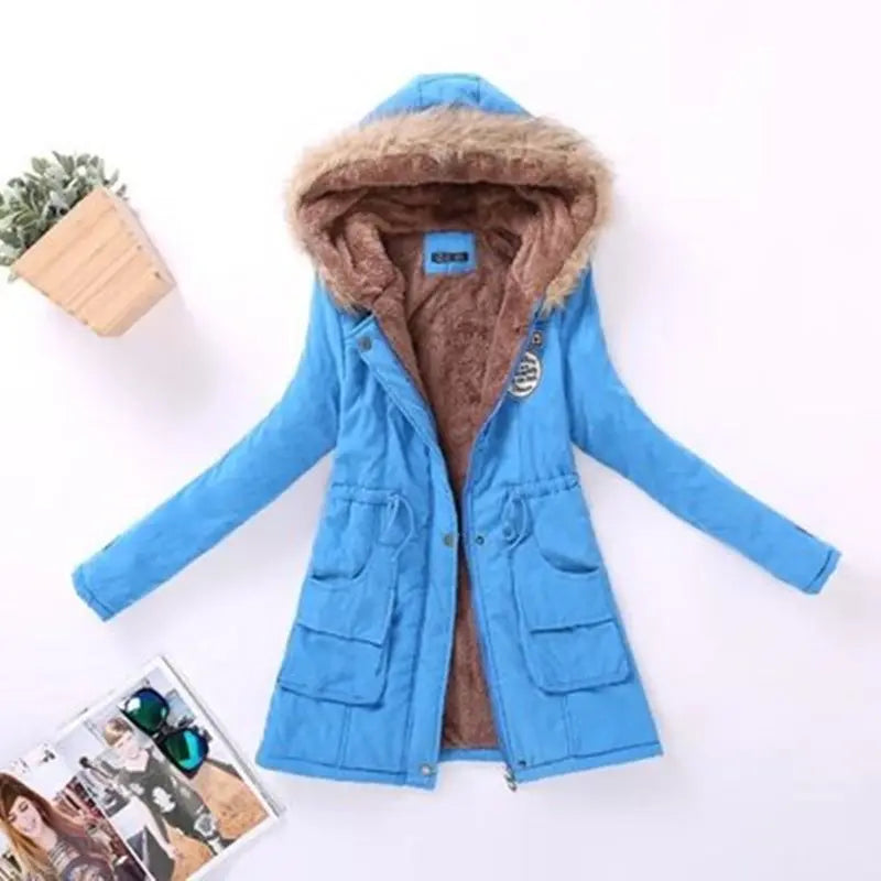 Long Women's Cotton-Padded Jacket With Wool Collar hercurva