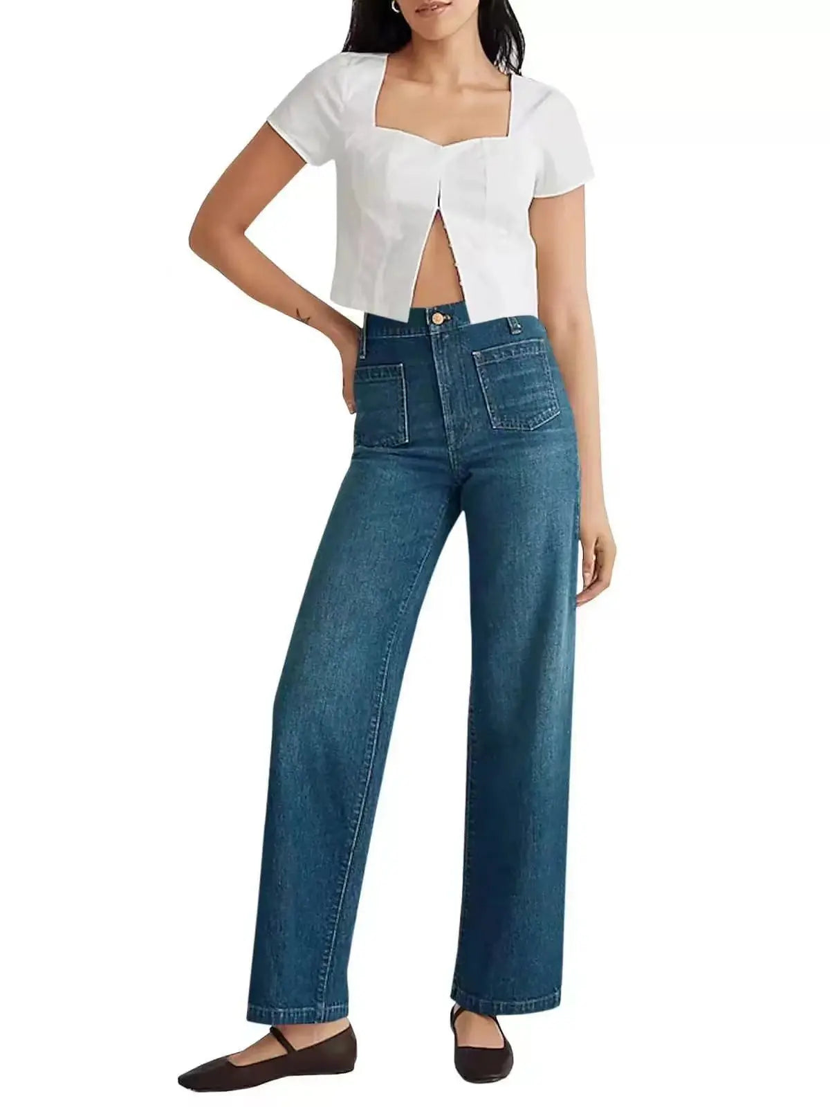 Washed Women's Jeans Wide Leg Trousers Square Pocket hercurva