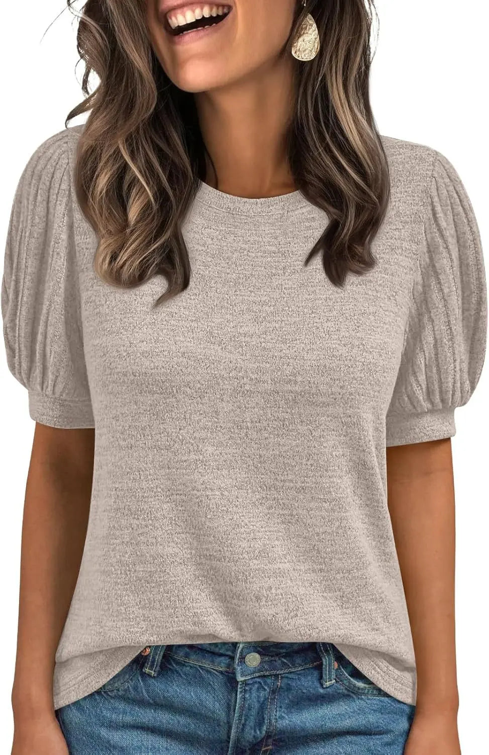 Spring Summer Crew-Neck Solid-Color Elastic-Cuff Short-Sleeve Top hercurva