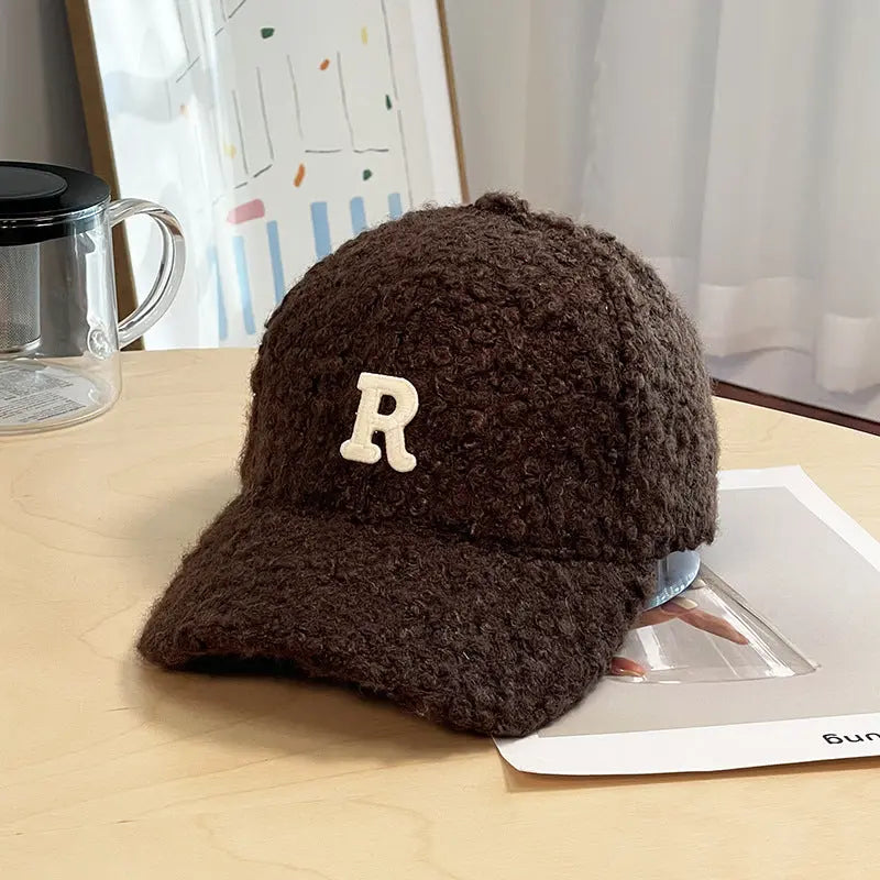 Winter Thick Lambskin Furry Large R Letter Baseball Cap hercurva