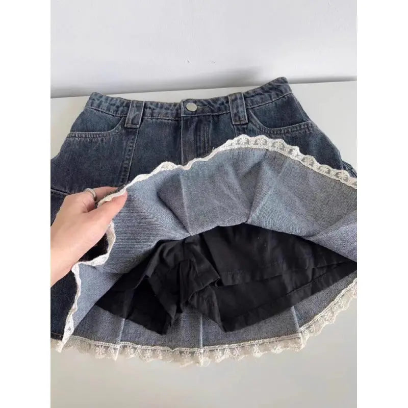 Women's Vintage Lace Pleated Denim Skirt hercurva