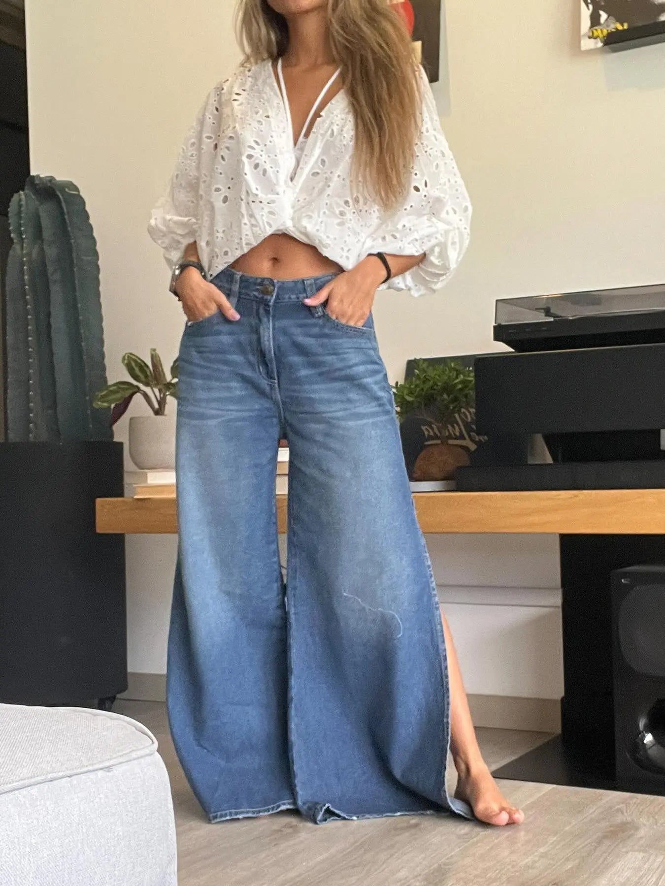 Blue Denim High - Waisted Ultra - Wide - Leg Jeans With Side Slit hercurva