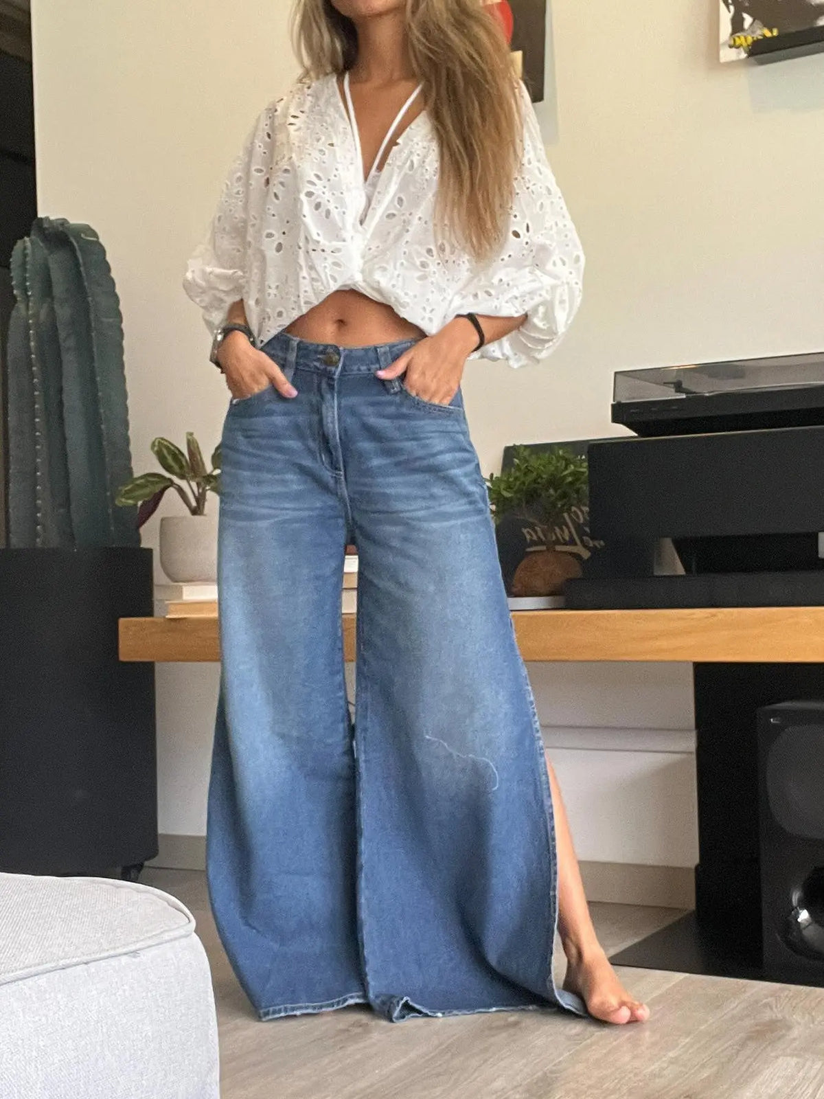 Blue Denim High - Waisted Ultra - Wide - Leg Jeans With Side Slit hercurva