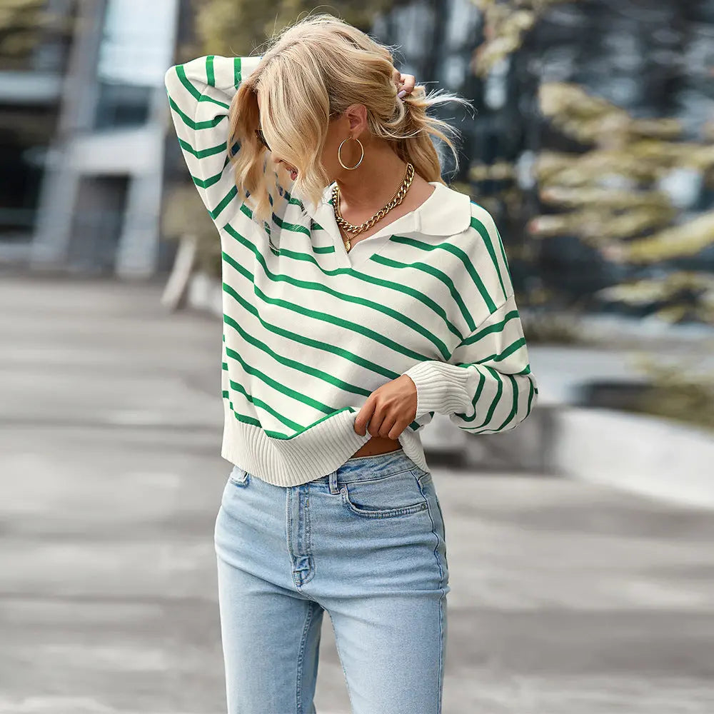 Women Striped Long Sleeve Pullover Sweater Casual Loose Polo V Neck Color Block Lightweight Knitted Fall Shirts Tops hercurva