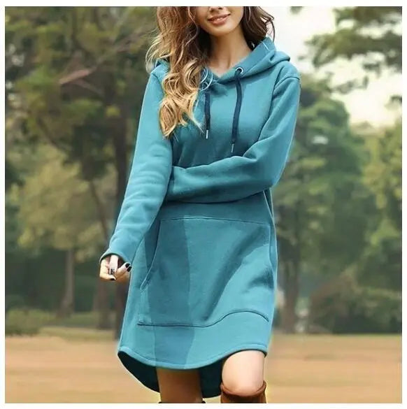 Solid color pocket long sleeve hoodie dress hercurva