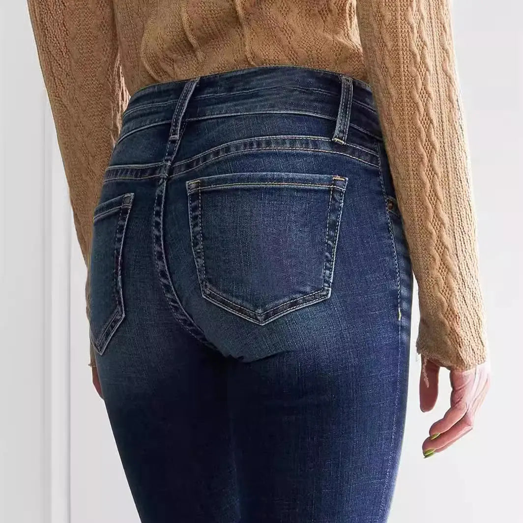 Ladies Mid Waist Slim Fit Stretch Retro Flared Jeans hercurva