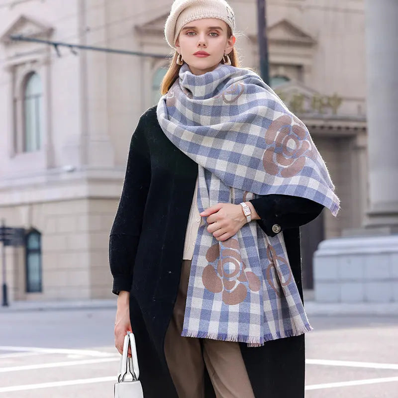 High-grade Cold Protection In Autumn And Winter Thermal Plaid Scarf Printed Tassel Mid-length Shawl hercurva