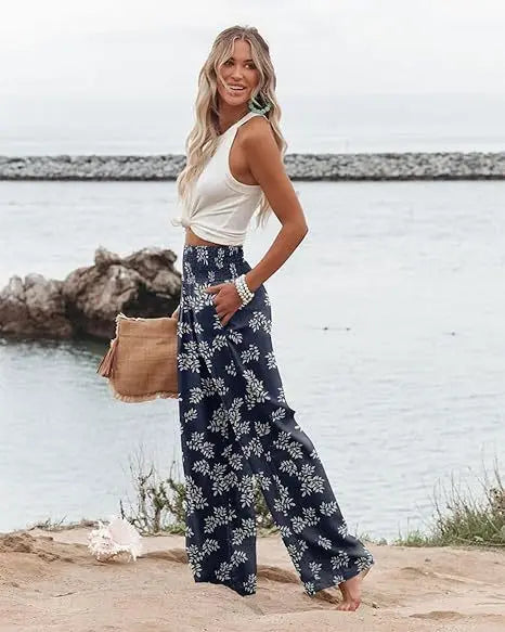 Summer Women's Fashion Loose Temperament Printed High Waist Wide Leg Trousers hercurva