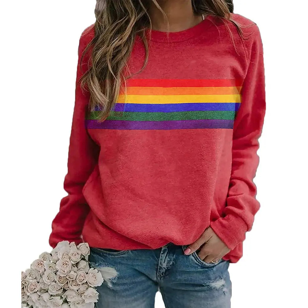 Color Striped Print Round Neck Pullover Long Sleeve Sweater hercurva
