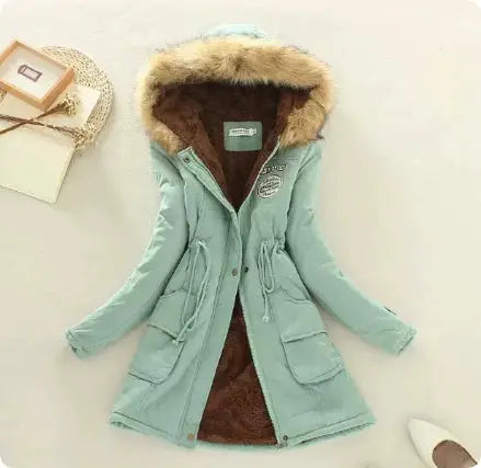 Long Women's Cotton-Padded Jacket With Wool Collar hercurva