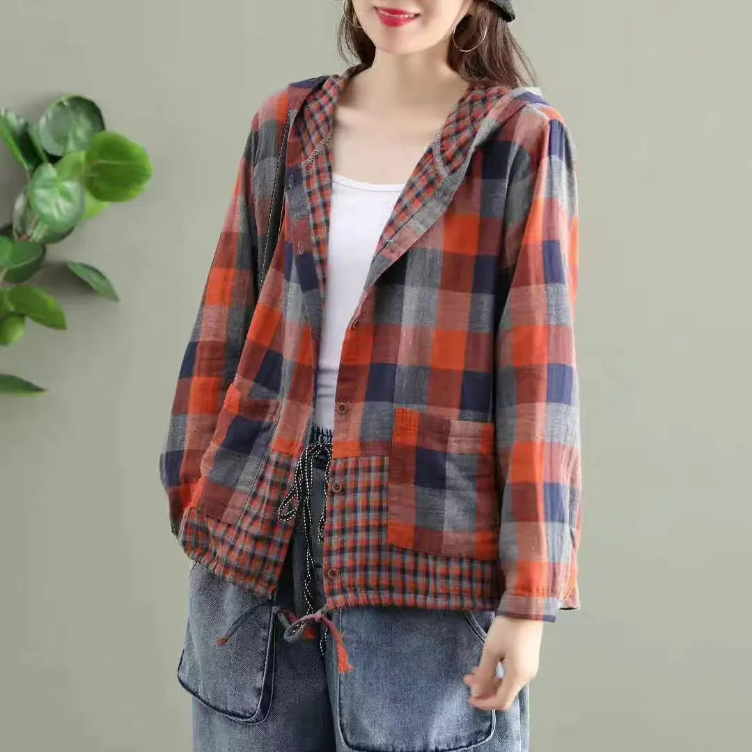 Literary Original Cotton Hooded Plaid Jacket hercurva