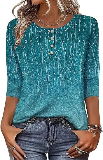 Printed 34 Sleeves Button Women's T-shirt hercurva