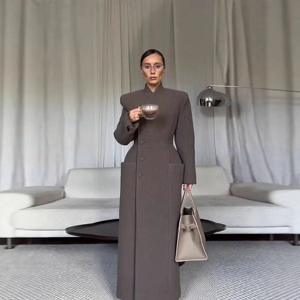 Temperament Shoulder-padded Waist-cinching Long Wool Coat For Women hercurva