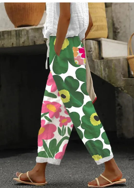 Women's Cotton And Linen Printing Paste Bags Casual Pants hercurva