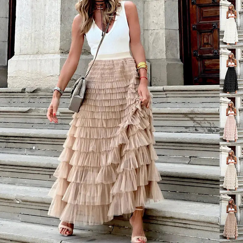 Layered Ruffles Cake Skirt Summer Fashion A Line Swing Mesh Long Skirt Party Dress Women hercurva
