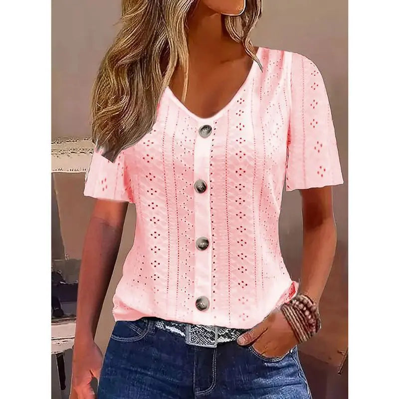Solid Color Jacquard V-neck Buttons Short Sleeve T-shirt Top hercurva