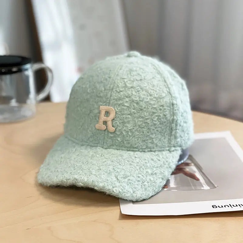 Winter Thick Lambskin Furry Large R Letter Baseball Cap hercurva