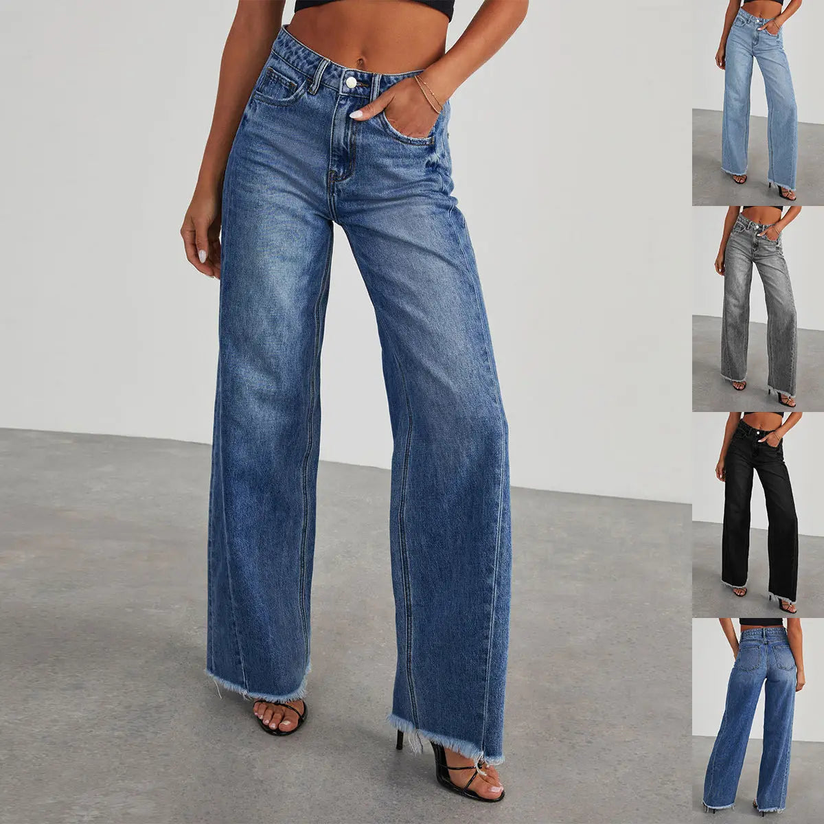 Fashion High Waist Jeans With Pockets Comfortable Slim Fit Straight Wide-leg Pants Womens Clothing hercurva