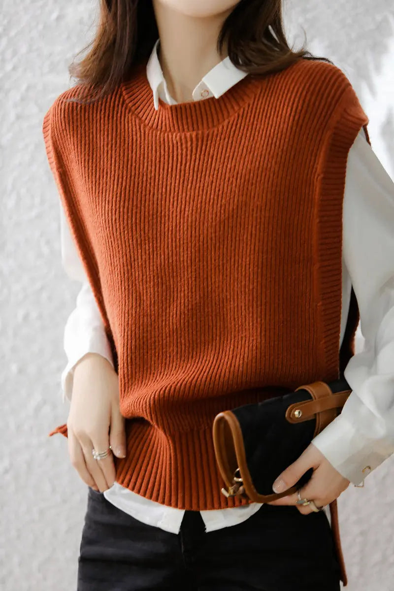 Womens Knitted Crew-Neck Vest Casual Loose-Fit Sleeveless Waistcoat hercurva