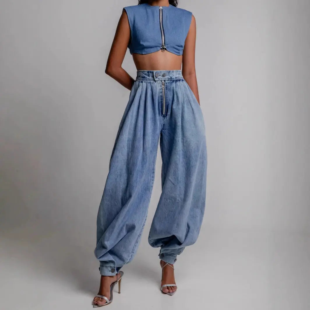 High Waist Zipper Denim Loose Harem Pants hercurva
