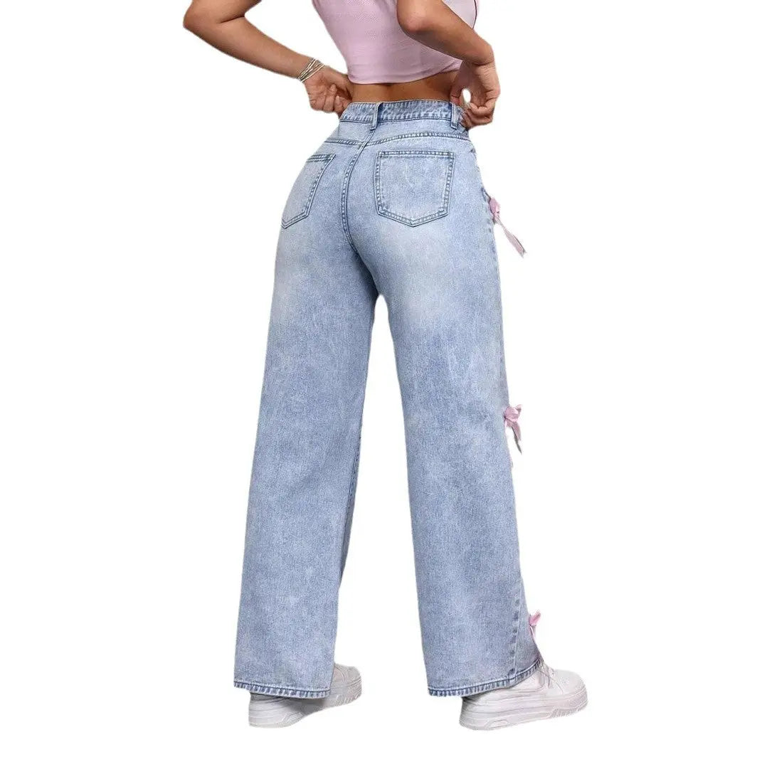 Bowknot Collage Washed Jeans Loose Straight-leg Wide-leg Pants hercurva