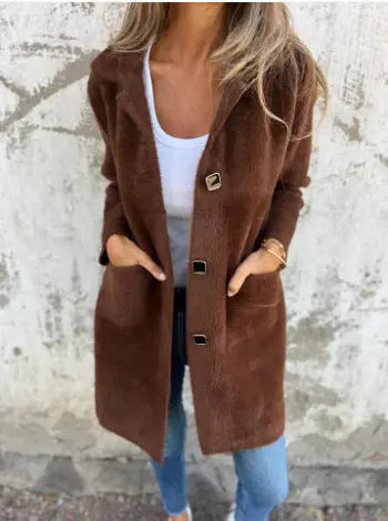 Single-breasted Polo Collar Pocket Mid-length Coat hercurva