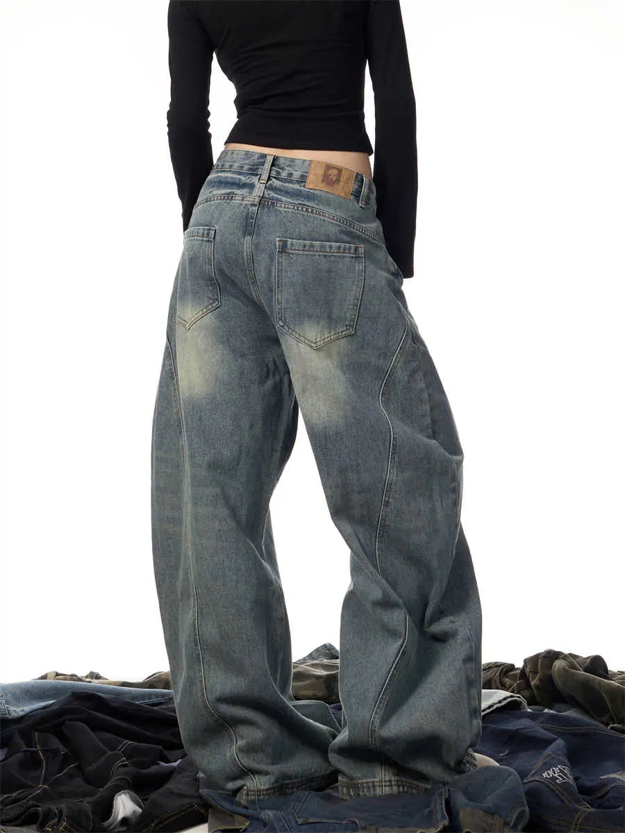 Women's Wide Leg Retro Washed Worn Jeans hercurva