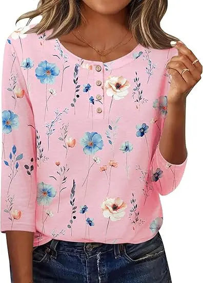 Printed 34 Sleeves Button Women's T-shirt hercurva