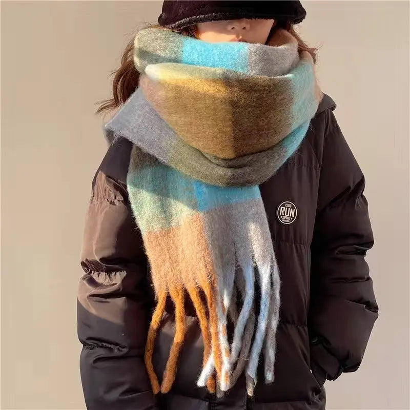 Women's Plaid Tassel Scarf Rainbow Color-blocking Shawl hercurva